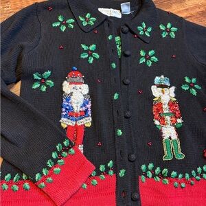 Vtg Victoria Jones Christmas black sweater embroidered/beaded nutcrackers PS